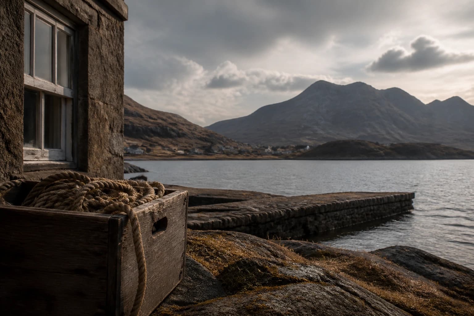 A quiet coastal landing with rope, stone and mountains across the water