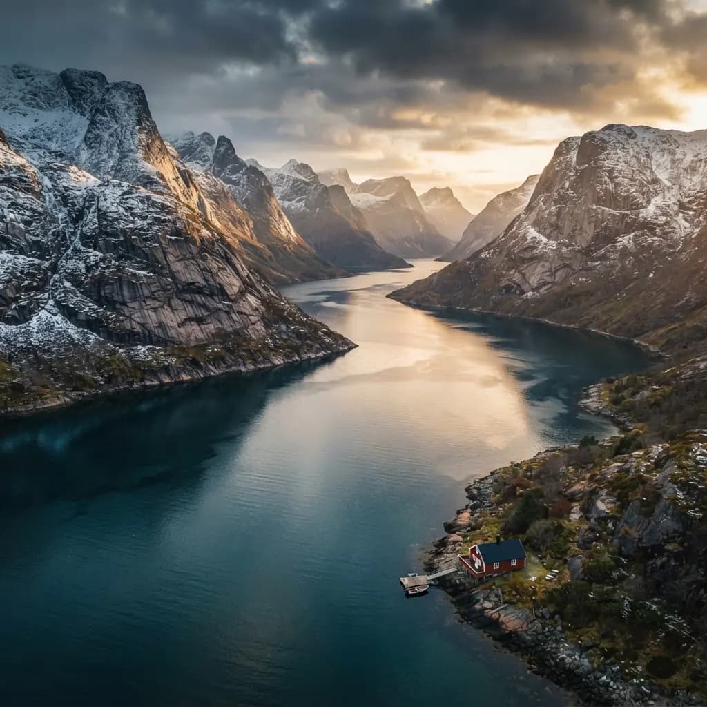 A dramatic Norwegian fjord at golden hour, deep water winding between snow-dusted cliffs