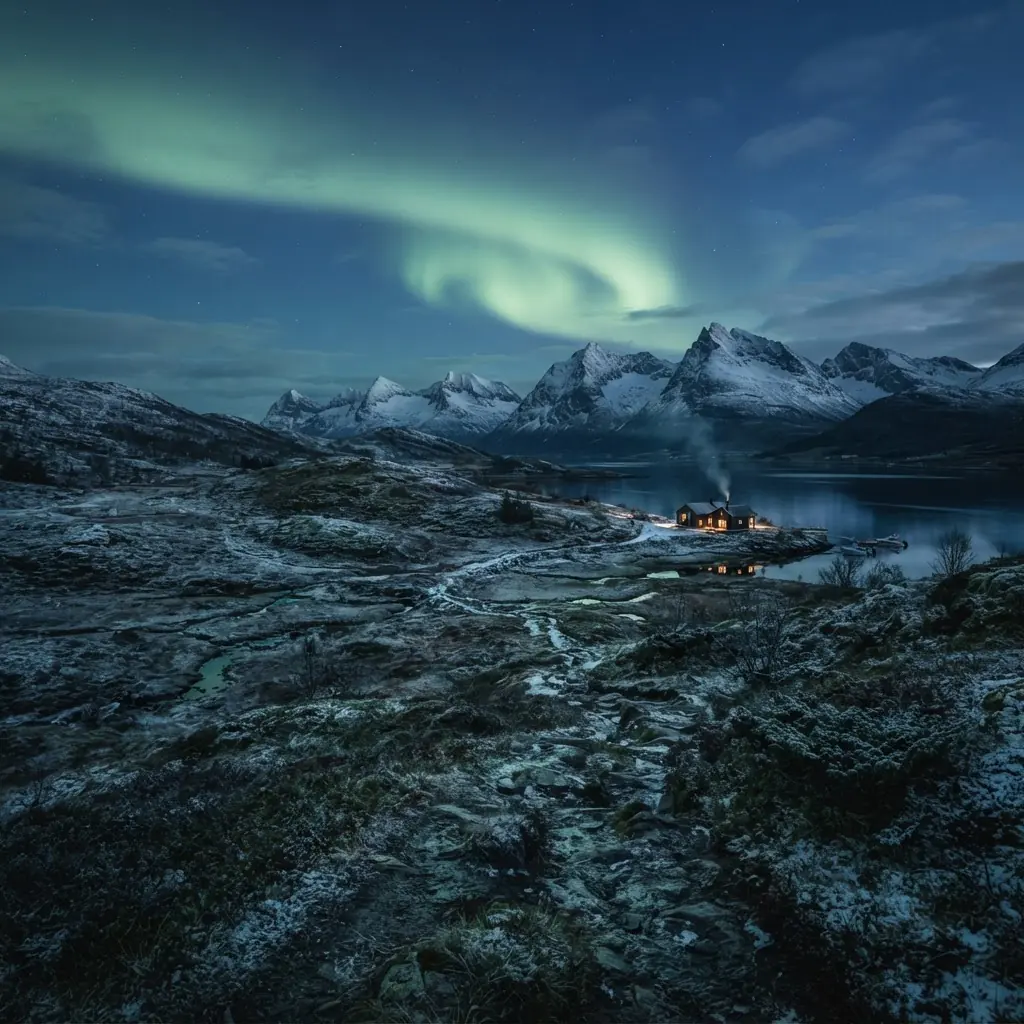 Arctic Norwegian tundra under a soft green aurora at twilight